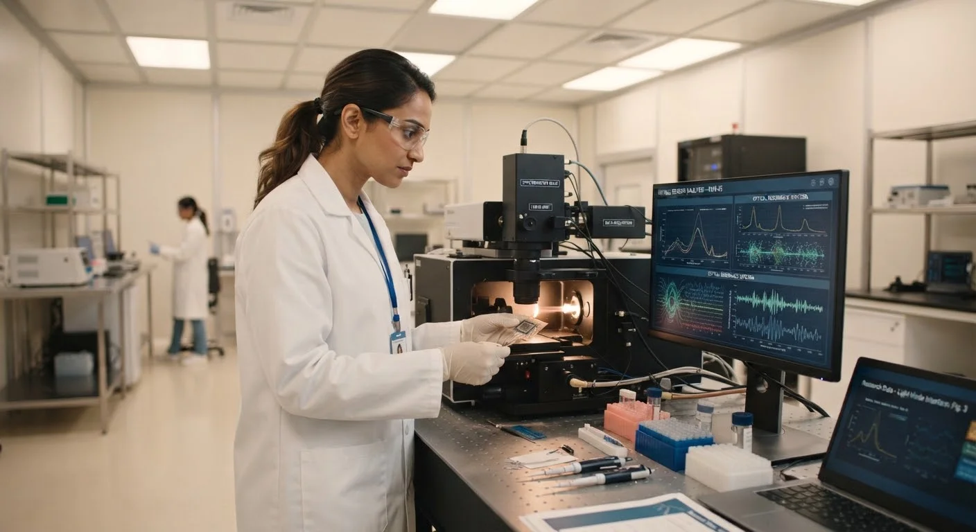 Researcher examining neural sensor arrays in a laboratory